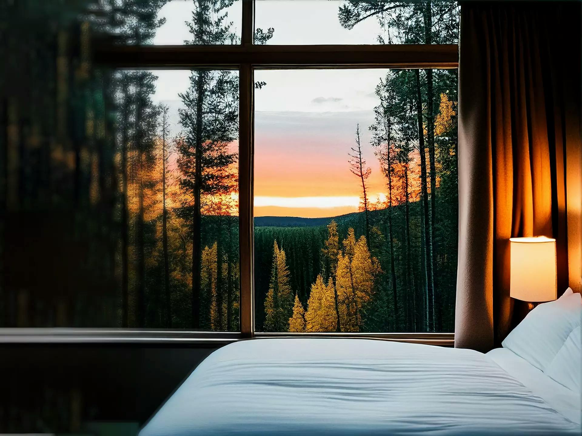 Hotel room with view of nature in the window